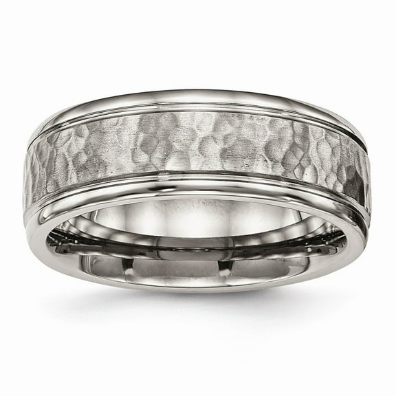 Grey Titanium Ring Band Wedding Comfort Polished with Satin Hammered center Grooved