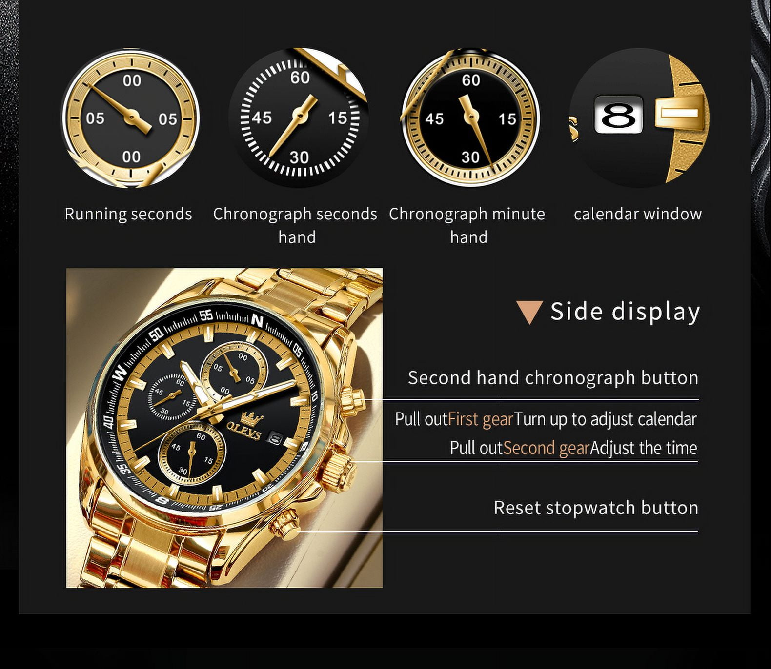 OLEVS Mens Watches,Big Dial Watches for Men Chronograph Stainless Steel Watch with Day Waterproof Analog Quartz Watches for Man Classic Business Wristwatch Luxury Luminous Reloj para Hombre