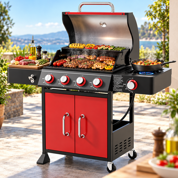 4 Burner Gas Grill with Side Burner, HUGROVE Propane Grills Outdoor BBQ Grill, Porcelain - Enameled Lid, Cast Iron Grates, Red