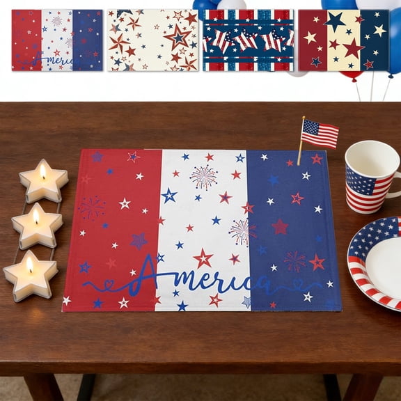 Patriotic 4th of July Placemat Set - Stain-Resistant Heat-Proof Festive Table Decor for Memorial Day & Veterans Day, American Holiday Supplies, Year of The Horse & Holiday Necessity, 11.8*17.7in, A