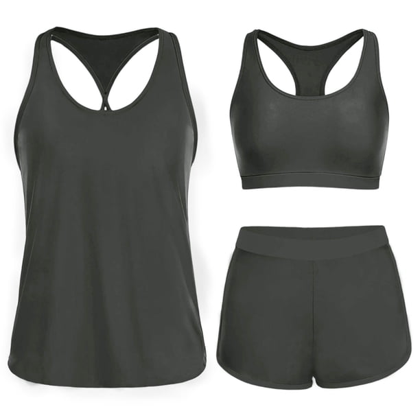 Tankini de moda para mujer, color sólido con cojín en el pecho y sin soporte de acero, traje de baño holgado con cordón dividido, trajes de baño de 3 piezas para mujer, trajes de baño tankini para muj