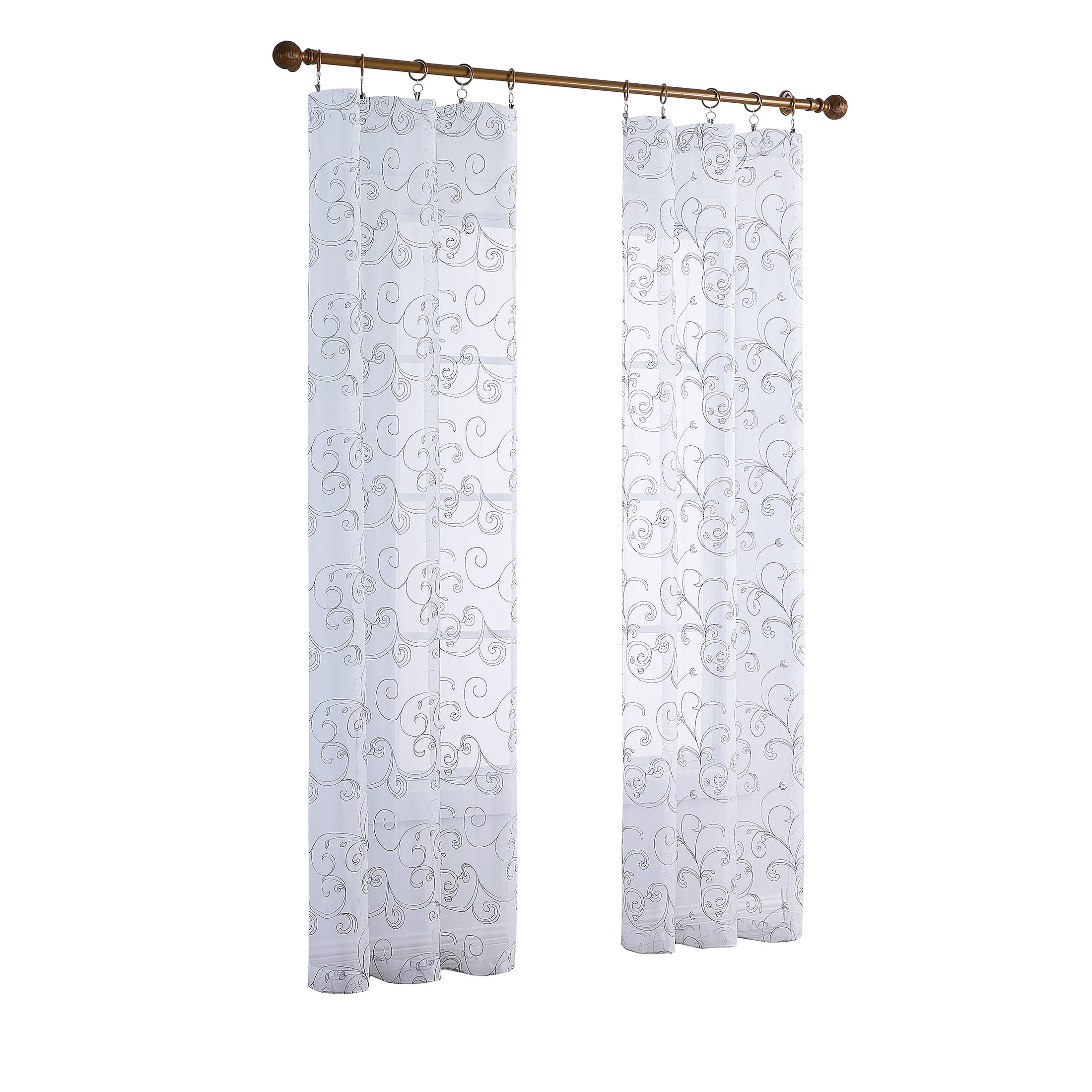 Mainstays Embroidered Scroll Rod Pocket Sheer Single Curtain Panel, White/Grey, 38" W x 84" L