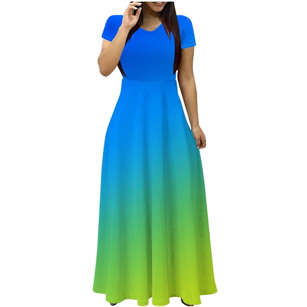 Vestido de Verano para las Mujeres Gradiente Impreso Cuello en V Manga Corta de la Longitud Del Tobillo Vestido, Vestido Corto de Verano