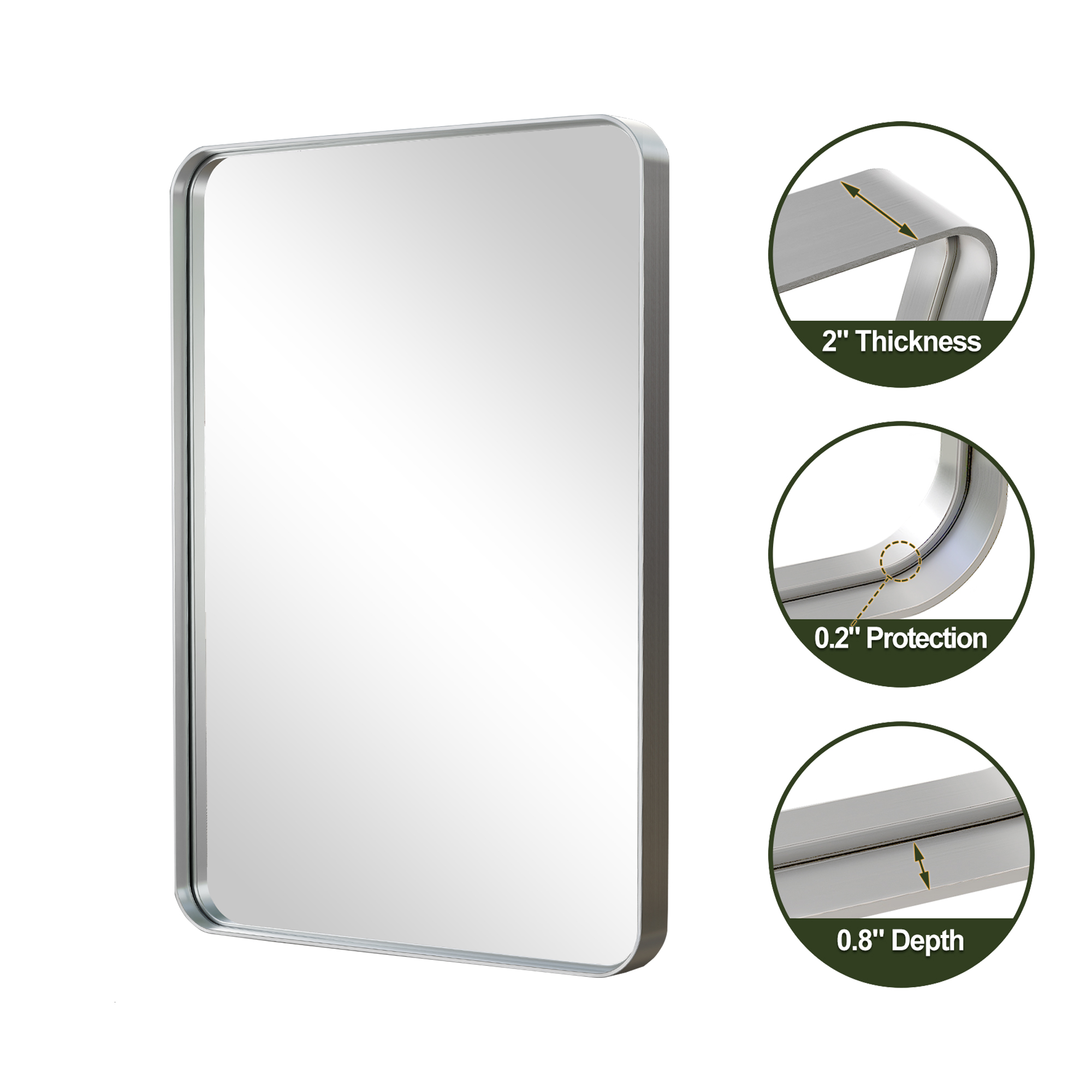 MAYEERTY 50"×32" Silver Electroplated Aluminum Rectangular Mirror Rounded Corners, Deep Mirror for Bathroom or Bedroom