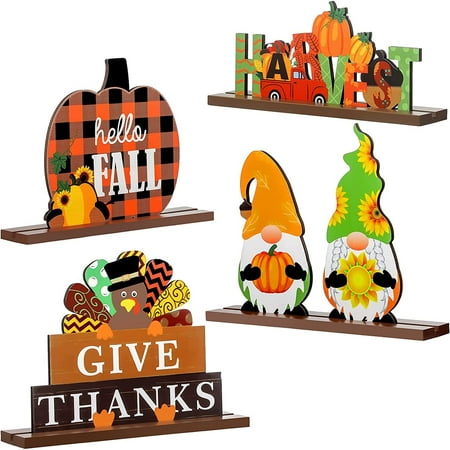 Husfou Thanksgiving Wooden Table Centerpieces Signs for Fall Decorations, 4pcs Autumn Happy Harvest Give Thanks Turkey for Fall Home Party Indoor Decor