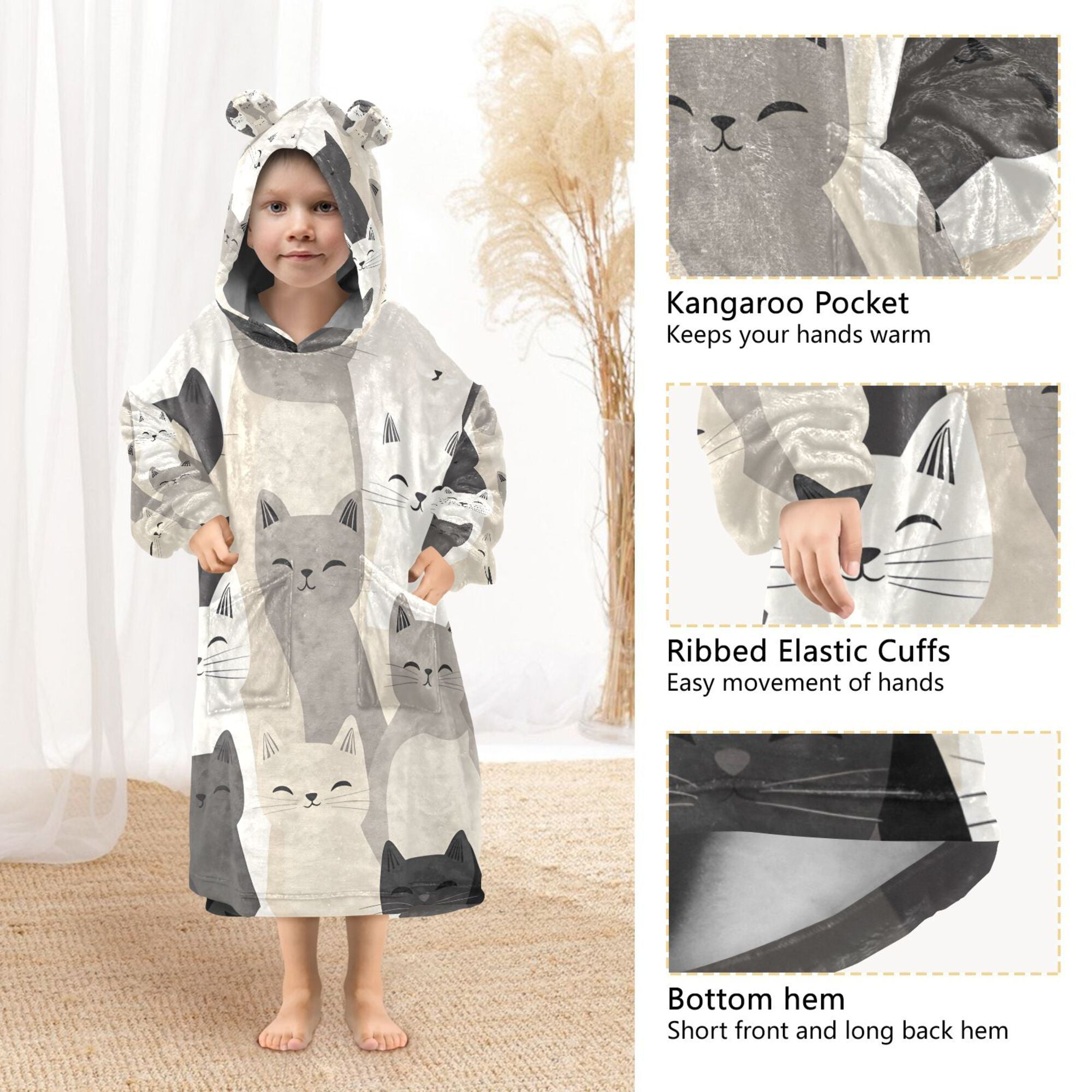 FORMRS Wearable Blanket Hoodie with Sleeves for Kids Cozy Flannel Sweatshirt, Beige Cute Cats
