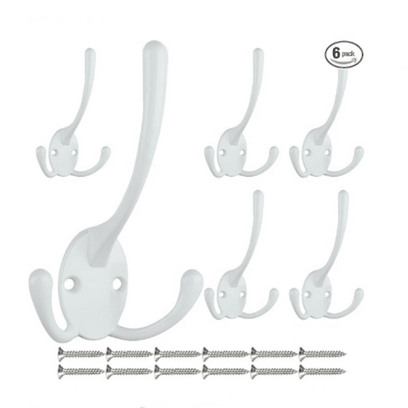 6 Pack Big Heavy Duty Three Prongs Coat Hooks Wall Mounted with 12 Screws Retro Double Utility Rustic Hooks for Thick Coat, Big Heavy Bags (White)