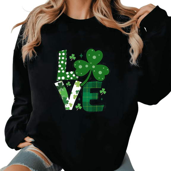 Black Womens Print Sweatshirt Graphic Sweatshirt S-3XL St Patrick's Day Festive Love Shamrock Holidays Tops
