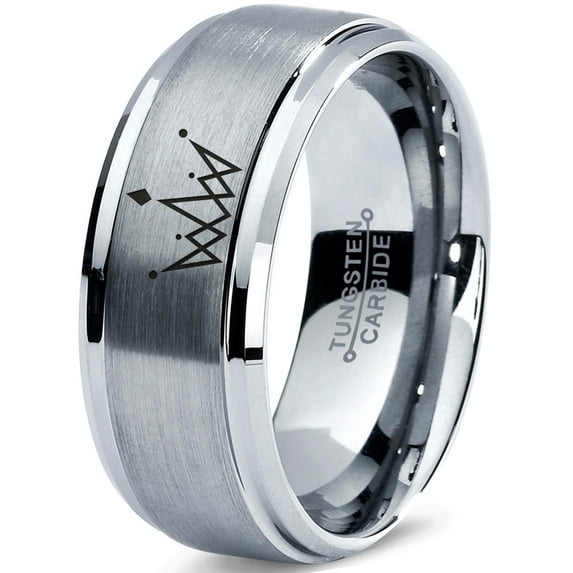 Tungsten Crown Royalty King Queen Diamond Circle Band Ring 8mm Men Women Comfort Fit Gray Step Bevel Edge Brushed Polished