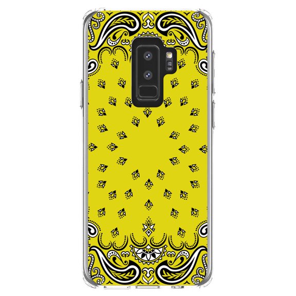 DistinctInk Clear Shockproof Hybrid Case for Samsung Galaxy S9  PLUS (6.2" Screen) - TPU Bumper, Acrylic Back, Tempered Glass Screen Protector - Bandana Print - Yellow, Black, White