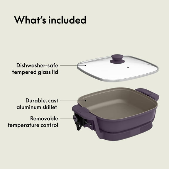 Make & Take Electric Skillet, Fits-anywhere™ kitchenware, EverGood™ Ceramic Coating, Adjustable Temperature & Dishwasher-Safe Tempered Glass Lid, Cast Aluminum Base, 1200 Watt, Plum