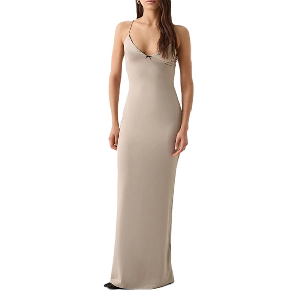 Gupgi Robe Longue Unie Mode Femme Été Sans Manches Dos Nu Col en V Ajustée Bretelles Spaghetti