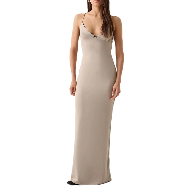 Gupgi Robe Longue Unie Mode Femme Été Sans Manches Dos Nu Col en V Ajustée Bretelles Spaghetti
