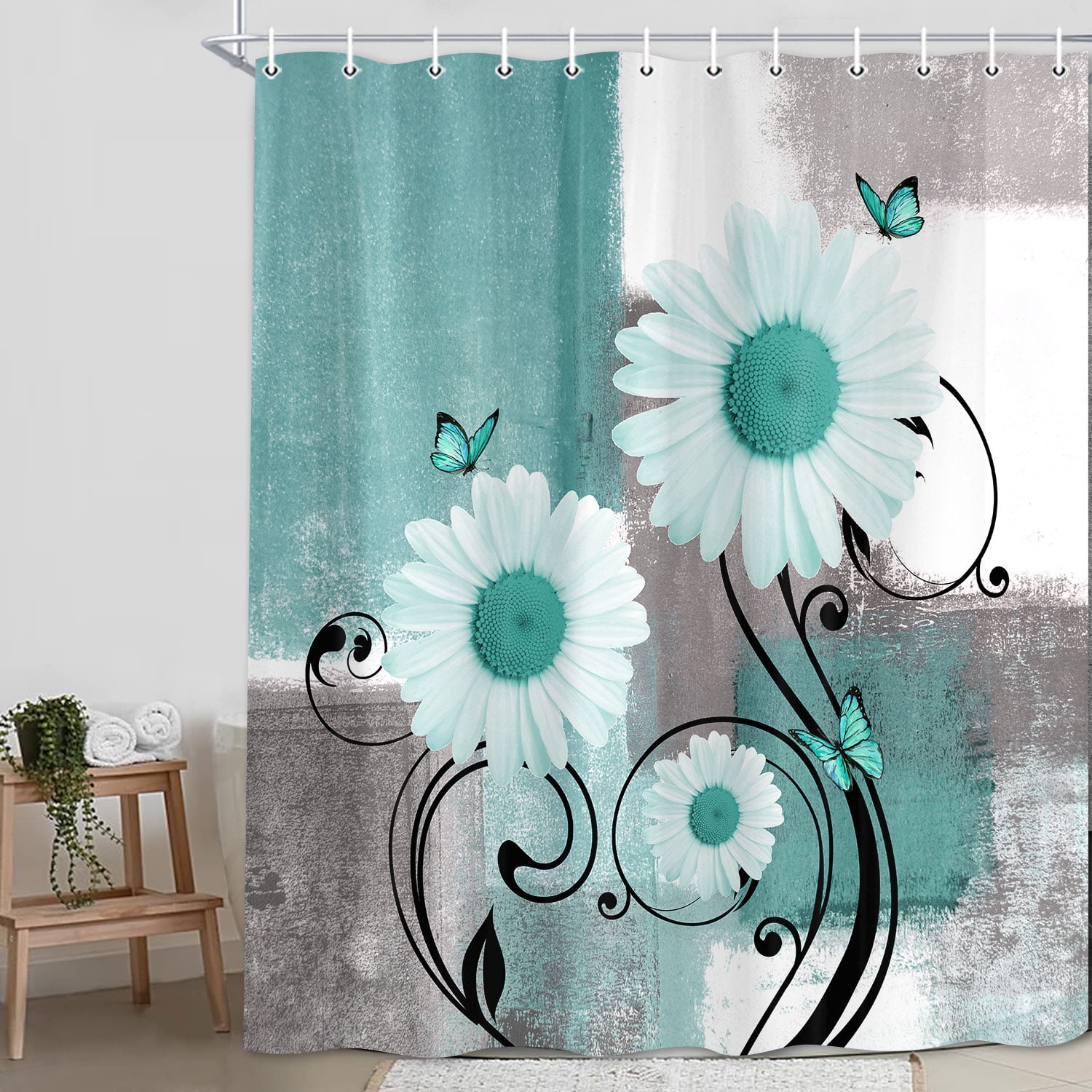 Farmhouse Daisy Shower Curtain - Green Gray Abstract Floral Bathroom Decor with White Flowers, Washable Fabric Modern Design, 54x70 Inch