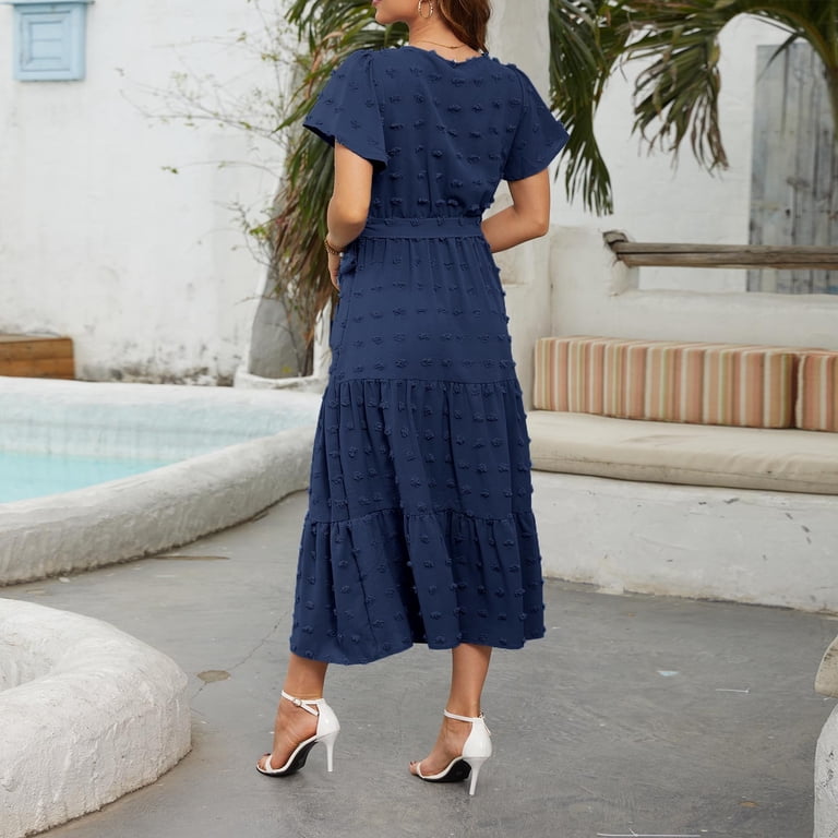 Ruyang Boho Maxi Dress Women's Summer Dresses Polka Dot Long Dress V Neck Flowing Short Sleeved Solid Color Lace Up A Line Dress - Walmart.com Ruyang Boho Maxi Dress Women's Summer Dresses Polka Dot Long Dress V Neck Flowing Short Sleeved Solid Color Lace Up A Line Dress - Walmart.com