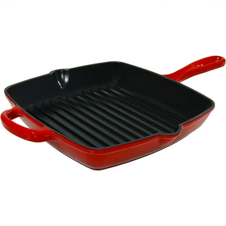 Skillet Grill Pan Sunnydaze Decor Enameled Cast Iron Pre-Seasoned 10-Inch Square Grill Pan Skillet, Red by Sunnydaze ()