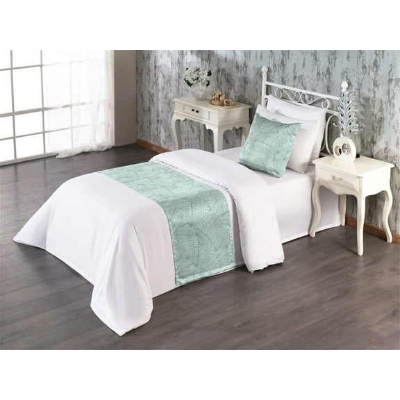 Exotic Bed Runner Set, Wild Nature Inspired Outlines of Tropical Leaf Sketches Jungle Ornament, Decorative Bedding Scarf & a Pillow Sham for Hotels Homes, Twin, Pale Mint Green, by Ambesonne