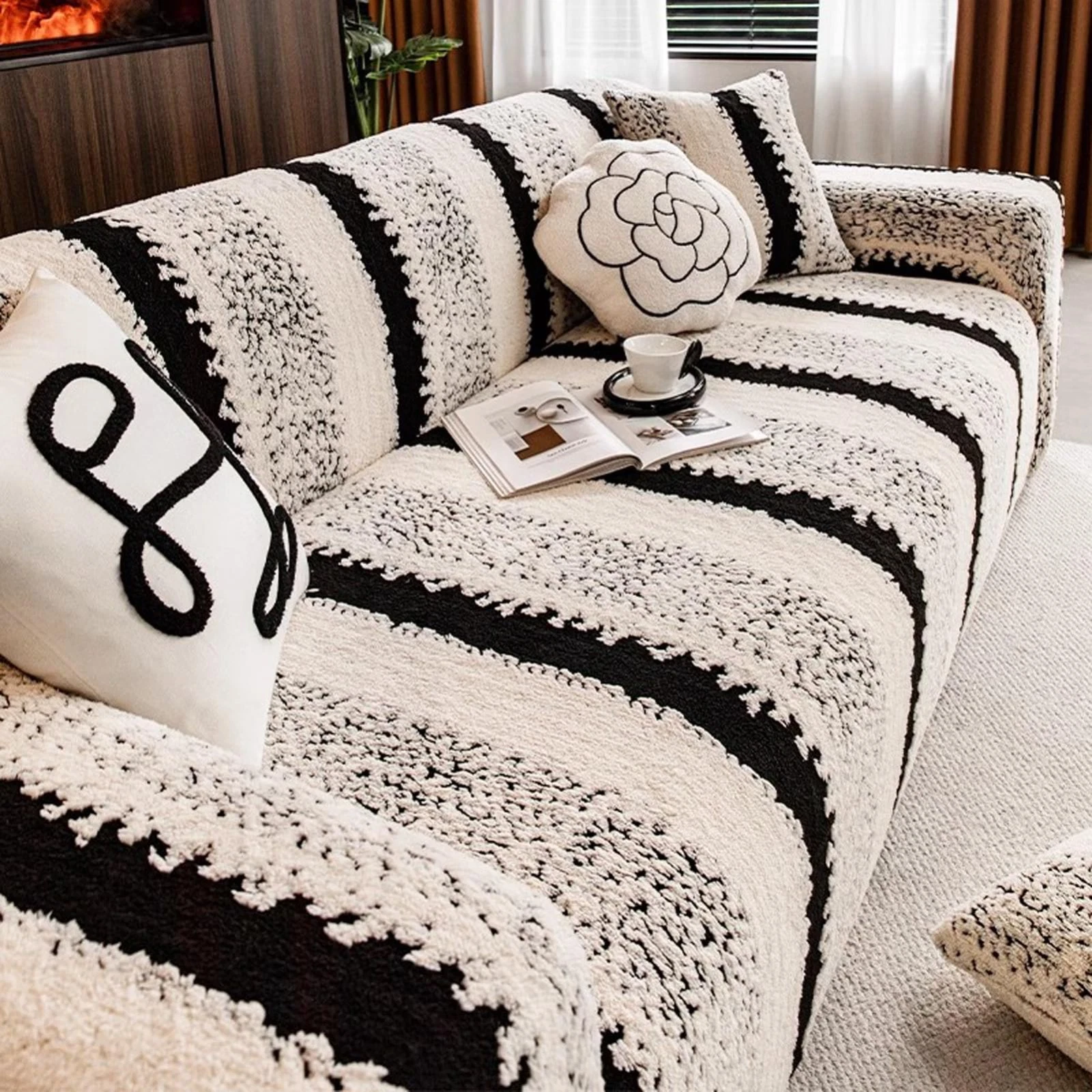 TOPCHANCES Stretch Stripe Sofa Covers, Soft Cotton Blend Velvet Fabric Armchair Loveseat 3-Seat Sofa Slipcover, Non-slip Couch Protector Settee Cover, Friendly to Pets (Chair Cover, Stripe Black)