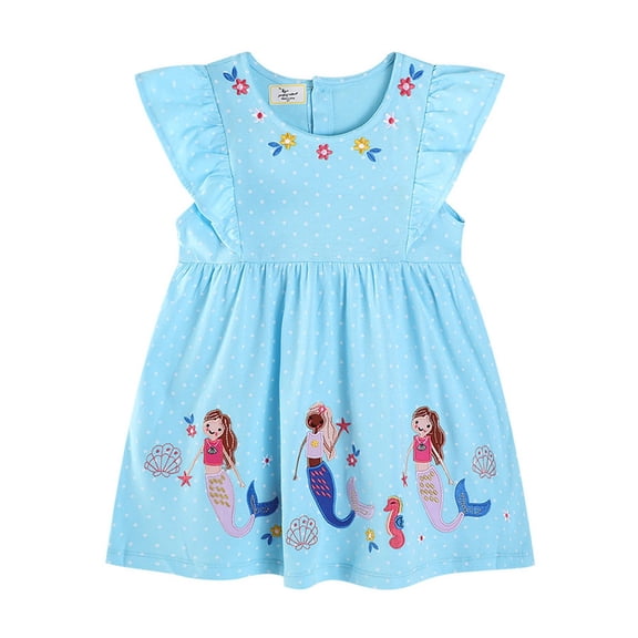 Girls School Uniform Lightweight Ruffle Ruched Flutter Sleeve Crew Neck Cartoon Print Dress Back-To-School Girls Dresses 2 Years