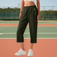 thumbnail image 2 of Wutalume Women's Casual Cotton Linen Drawstring Elastic Waist Straight Leg Capri Pants with Pockets Summer Beach,Army Green L, 2 of 7