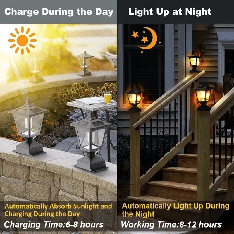 Solar Post Cap Lights Flickering Flame Outdoor Waterproof Black 2-Pack 4x4