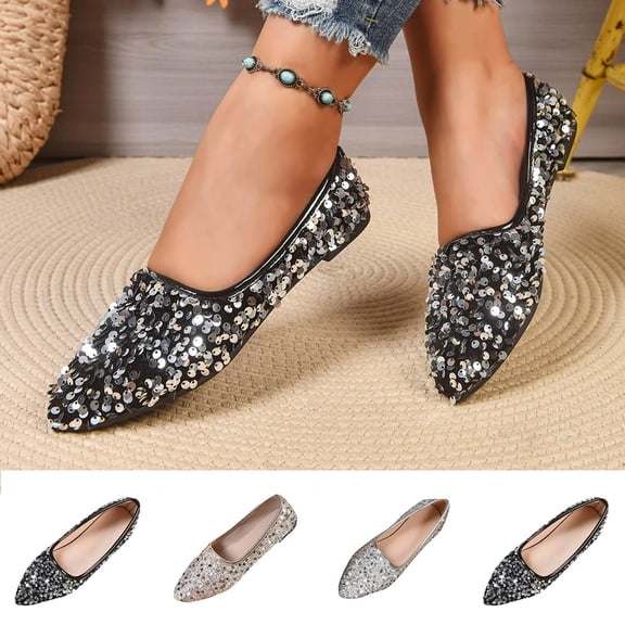 Women's Glitter Pointed Toe Flats, Wide Width Casual Slip-On Loafers, Comfortable Soft Sole Walking Shoes for Spring Summer Party Daily Wear