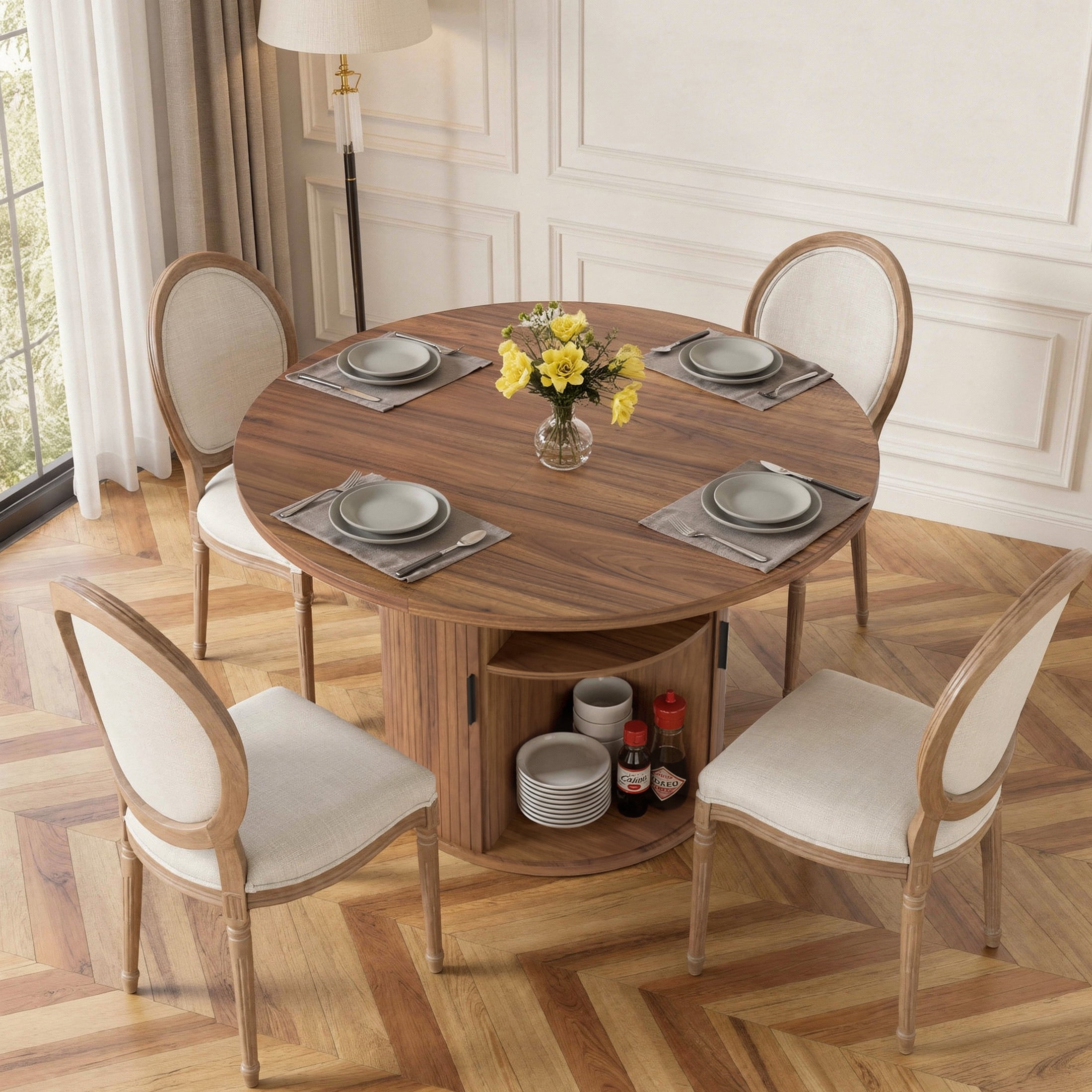 Hawsaiy 47" Round Dining Table for 4 with Sliding Door Storage Base, Waterproof Scratch-Resistant Wood Top, Modern Farmhouse Kitchen Dining Table, Walnut