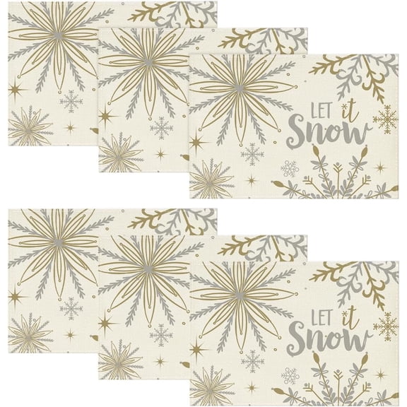 Beige Snowflake Let It Snow Winter Placemats Set of 6, 12x18 Inch Seasonal Christmas Table Mats for Party Kitchen Dining Decoration