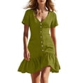 thumbnail image 2 of ClodeEU Women's V Neck Short Sleeve Mini Dress,Button Front Ruffle Hem Bodycon Dress Army Green,Women's Plus XXL, 2 of 7
