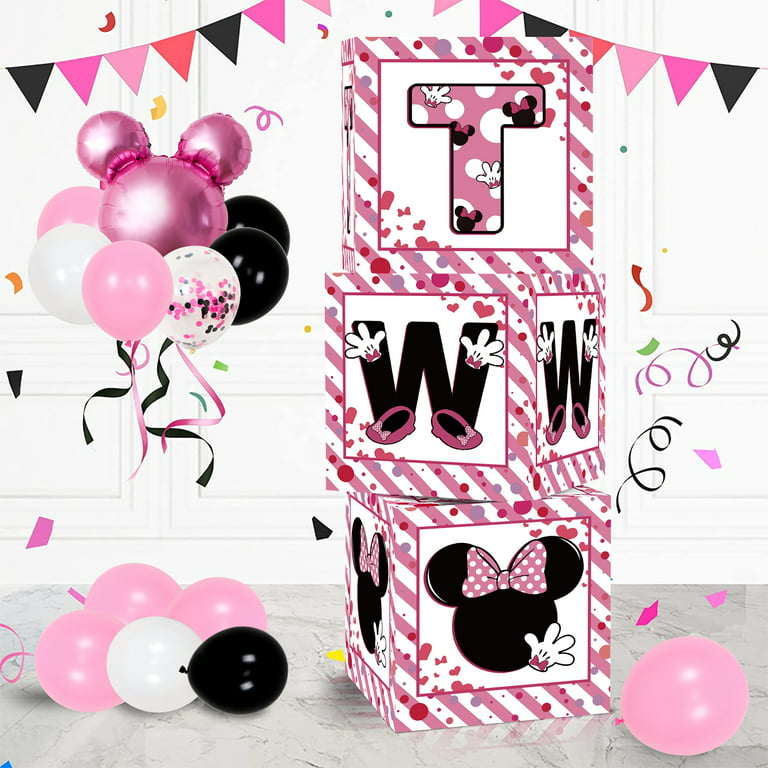 Melofaver 2nd Birthday Party Favors Balloon Boxes Supplies for Baby, Girls  3Pcs Pink Mouse Theme Two Year Old Balloon Boxes, 'TWO' Letters Balloon