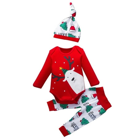 

EHTMSAK Newborn Infant Baby Toddler Girl Boy Christmas Outfits Clothing Set Bodysuit and Pants Set Long Sleeve with Hat Red 0-2Y 73