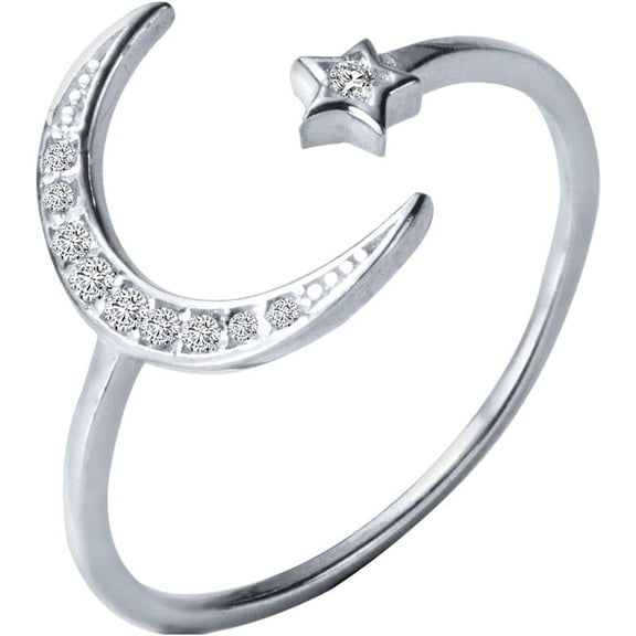 Dainty Star and Crescent Moon Open Ring 925 Sterling Silver for Women CZ Crystal Promise Engagement Eternity Ring Wedding Band FExpandable Band