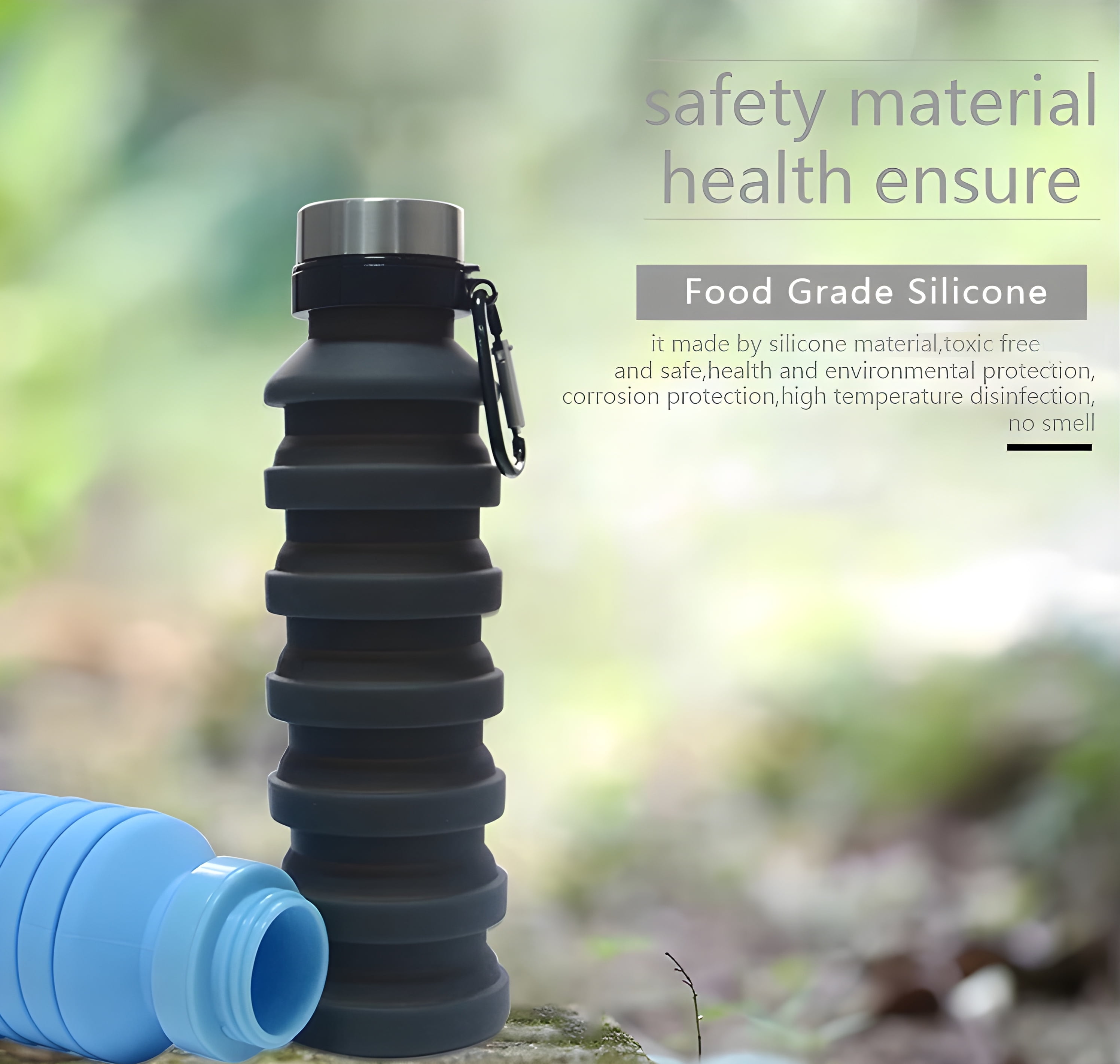 BEQU 550ml/18 Fl Oz Collapsible Silicone Water Bottle, Reusable, BPA Free, Dishwasher-Safe, Portable, Leak Proof, Use for Home Office Sports Travel Gym Camping Hiking (2PK Black-Orange)