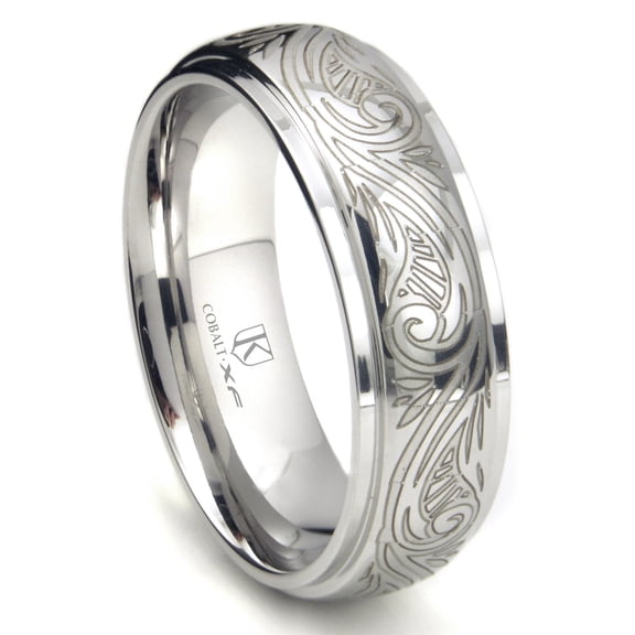 Andrea Jewelers Cobalt Xf Chrome 8MM Laser Engraved Paisley Motif Dome Wedding Band Ring Sz 10.0