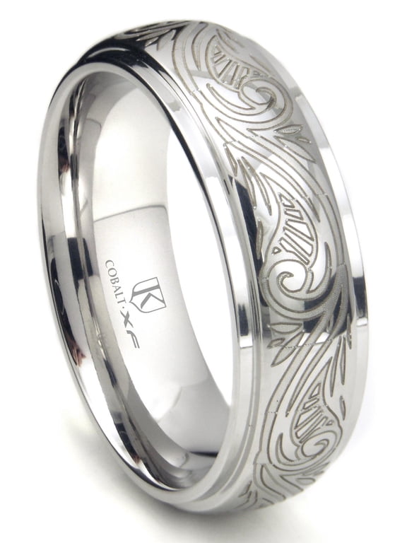Cobalt Xf Chrome 8MM Laser Engraved Paisley Motif Dome Wedding Band Ring Sz 9.5