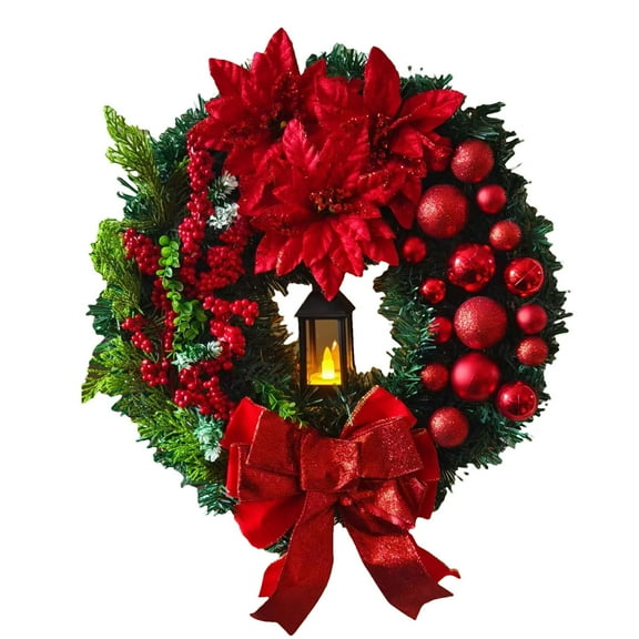 Nmdmisc Christmas Wreaths Door Decorations,Battery Operated LED Oil Lamp and Hanger,Large Red Bow Red Berry Ornaments Decorations Spruce Lighted Wreath Xmas Decorations(Red,16")