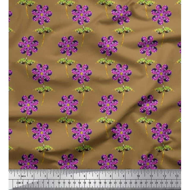 Soimoi Polyester Crepe Fabric Leaves & Floral Artistic Printed Fabric 1 Yard 52 Inch Wide