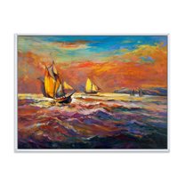 Designart 'Sailships On The Ocean Waves During Orange Evening Glow' Nautical & Coastal Framed Canvas Wall Art Print