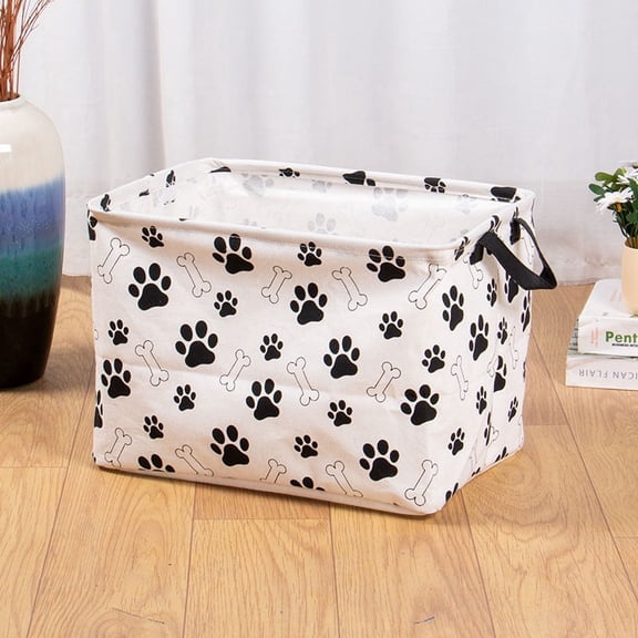 Dog Toy Storage Basket 2-Piece White Paw Print Fabric Bin, Sturdy Reinforced Organizer with Handles for Pet Toys, Clothes, and Home Items.