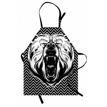 Bear Apron Aggressive Animal with Dangerous Expression Scary Roaring Mammal on Zigzag Pattern, Unisex Kitchen Bib Apron with Adjustable Neck for Cooking Baking Gardening, Black White, by Ambesonne