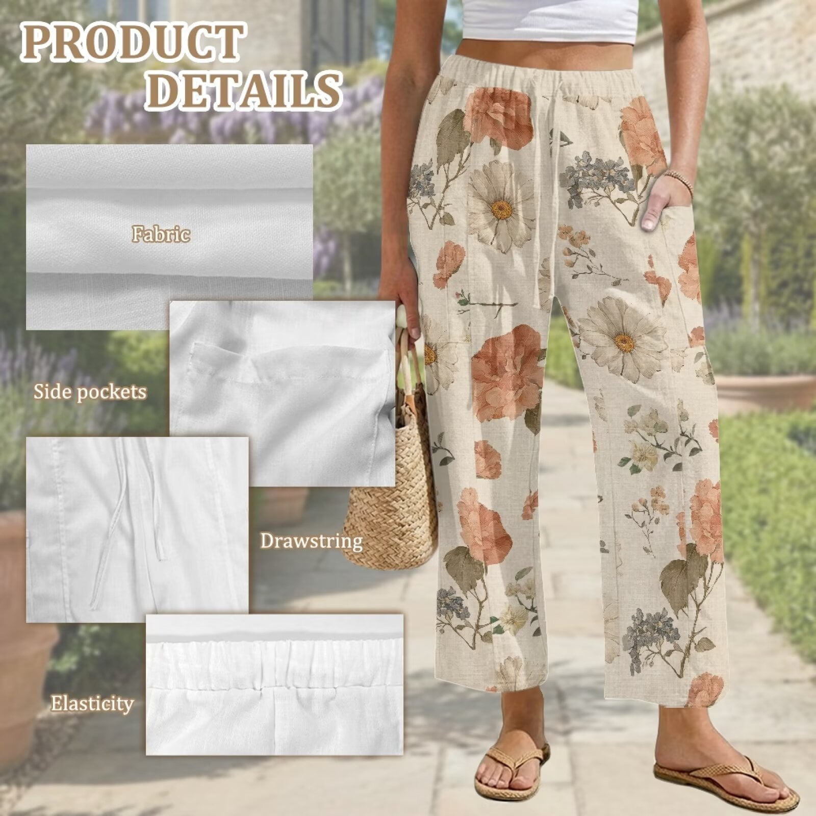Yuyamidu Chinese Aesthetic Floral Linen Straight Leg Pants for Women Petite Cotton Casual Pants Comfy Straight Leg Travel Trousers Chinese Print Outfits, Size 5XL