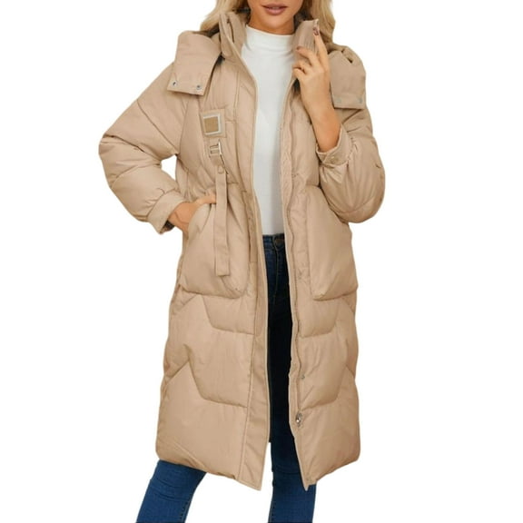 Yangnuo Womens Trendy Warm Long-Length Lapel Puffer Jackets Parka Jackets 2025 Women's Solid Color Long Sleeve Zippered Hooded Stand-Up Collar Padded Parka Jacket