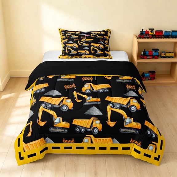 Erosebridal Excavator Twin Comforter Sets, Black Background Bedding Set, Black Yellow, Black Reversible 2pcs 1 Comforter and 1 Pillowcase