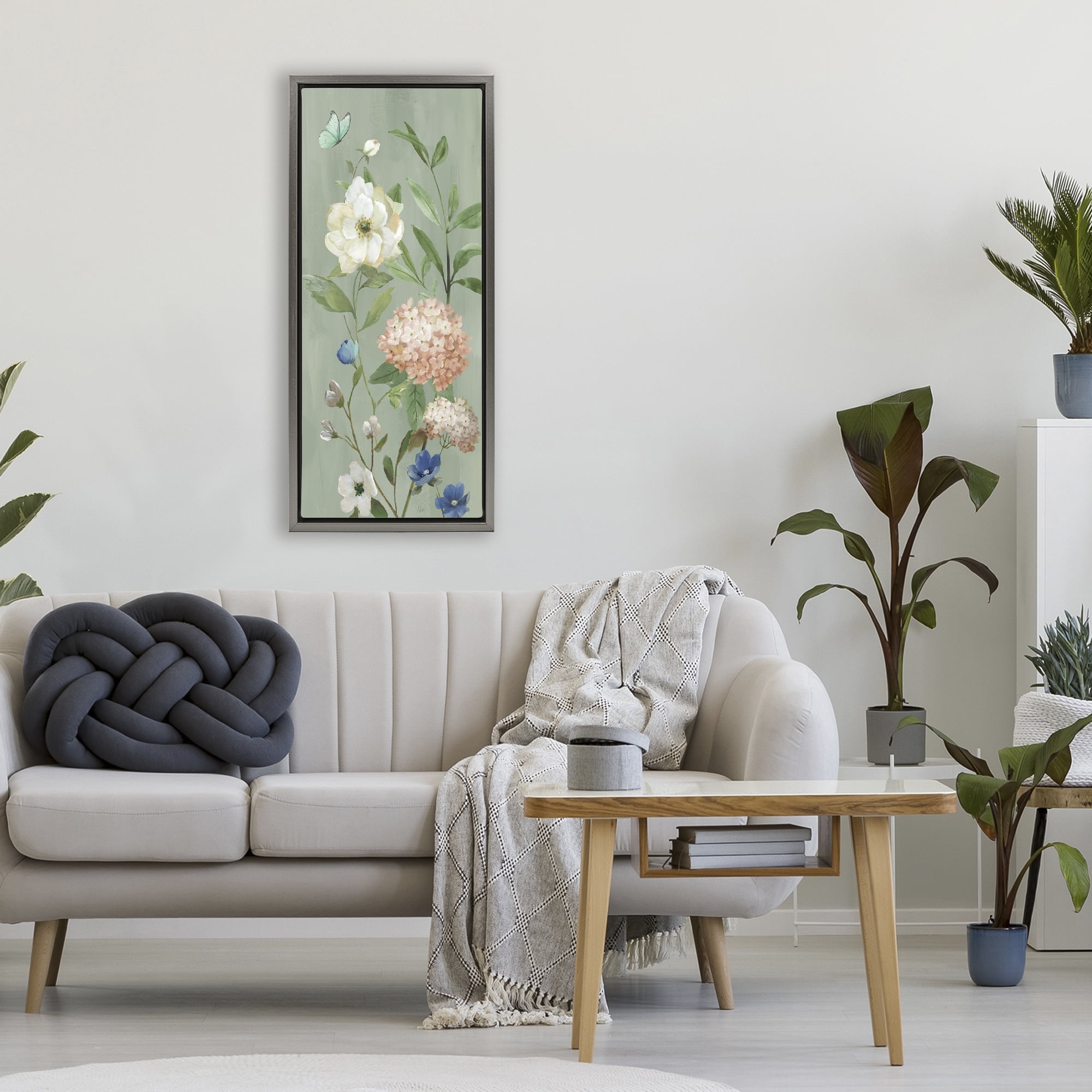 Stupell Industries Mint Floral Cluster & Butterfly Gray Framed Floater Canvas Wall Art, design by Nan
