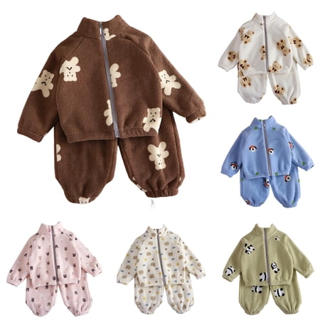 GobdXE Kids Bear Star Print Fleece Outfit Zip Stand Collar Jacket & Cuffed Pants Toddler Warm Loungewear Set 18-24 Months Brown