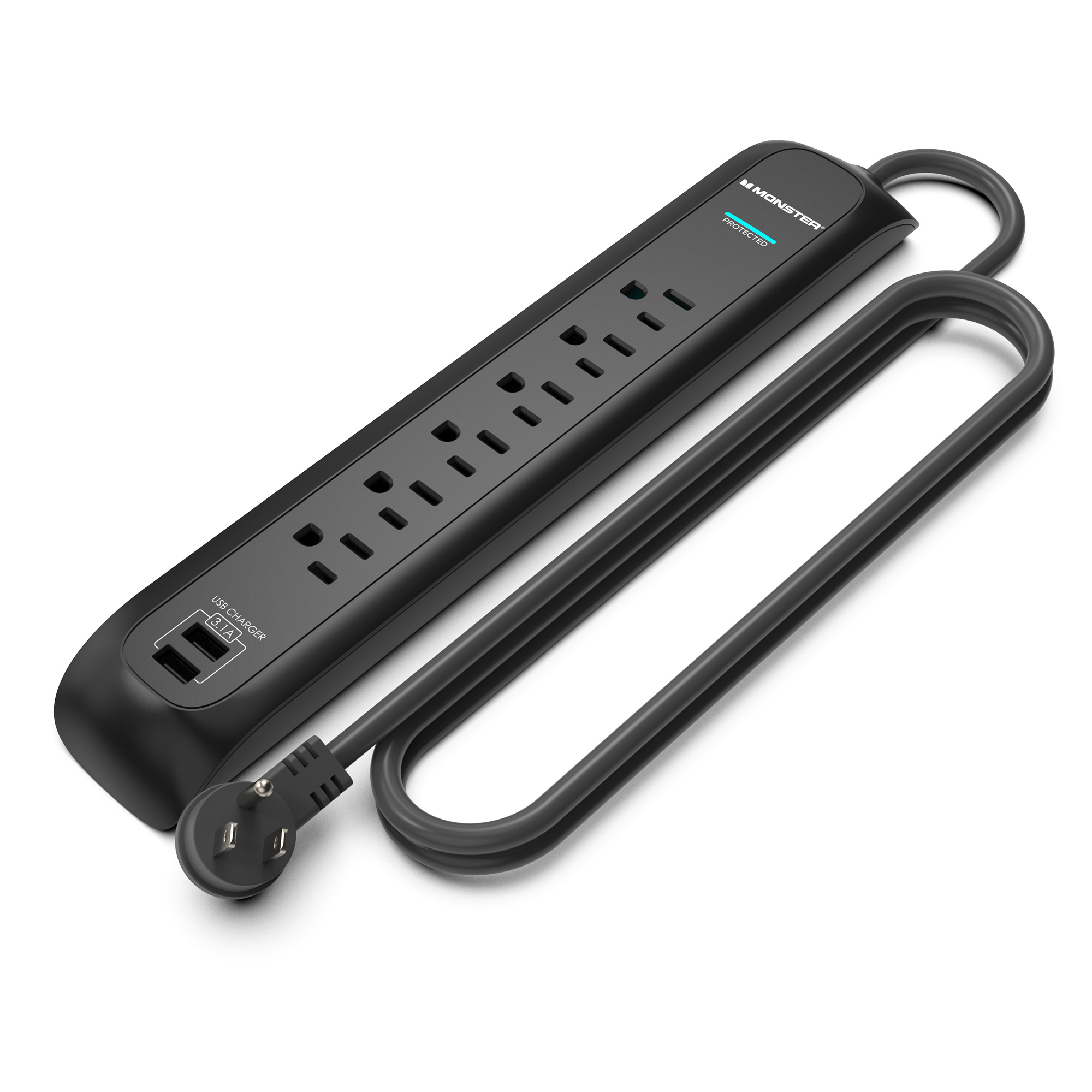 Monster 6ft Black Power Strip and Tower Surge Protector, Heavy Duty Protection for with 1200 Joule Rating, 6 120V-Outlets, and 2 USB-A Ports- Ideal for Computers, Home Theatre, Home Appliances,