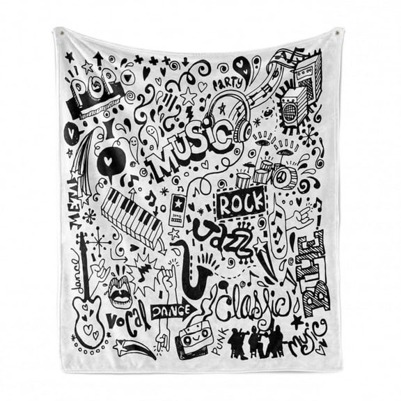 Hipster Soft Flannel Fleece Blanket, Music Themed Motif with Abstract Drawing Rock Jazz Blues Genre Classic Dancing, Cozy Plush for Indoor and Outdoor Use, 70" x 90", White and Black, by Ambesonne