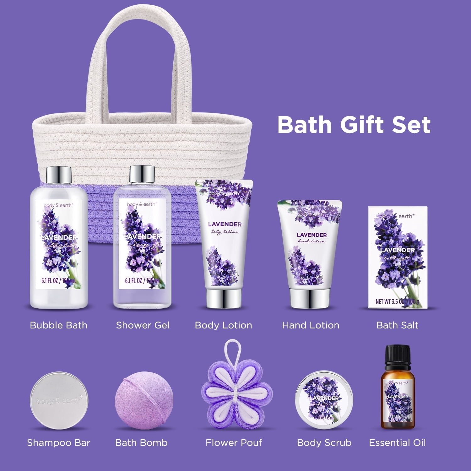 Body & Earth Bath Gift Sets for Women - 11 Pcs Lavender Spa Basket Kits, Luxury Self Care Holiday Beauty Birthday Gifts for Her