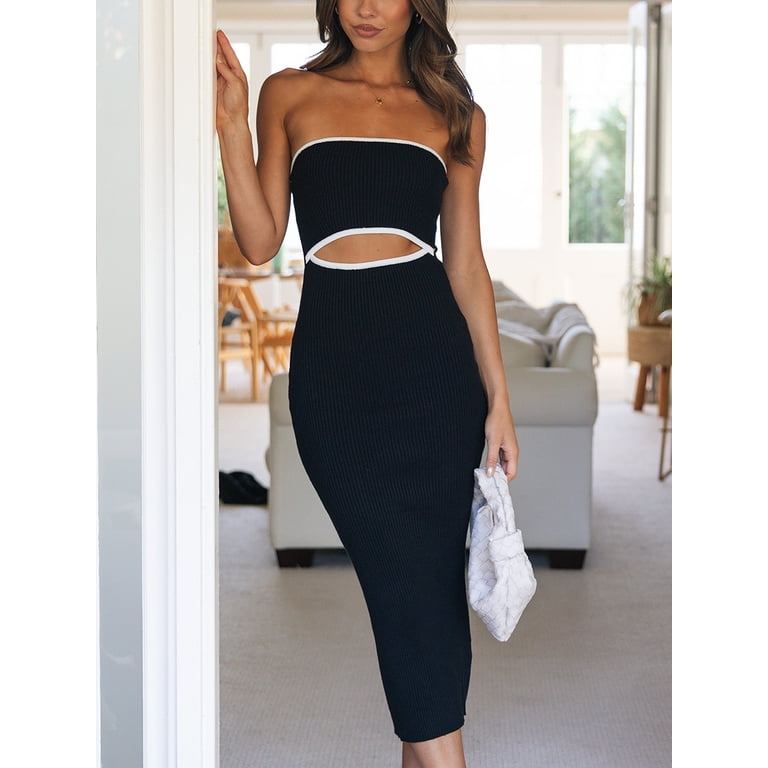 strapless striped bodycon dress Women Tube Top Dresses Knit Cut Out Midi Summer Backless Fitted Long Beach Dresses style:crew Size:US26/UK30 Elegant Sweetheart Lace-Up Back Midi dress 23% nylon.