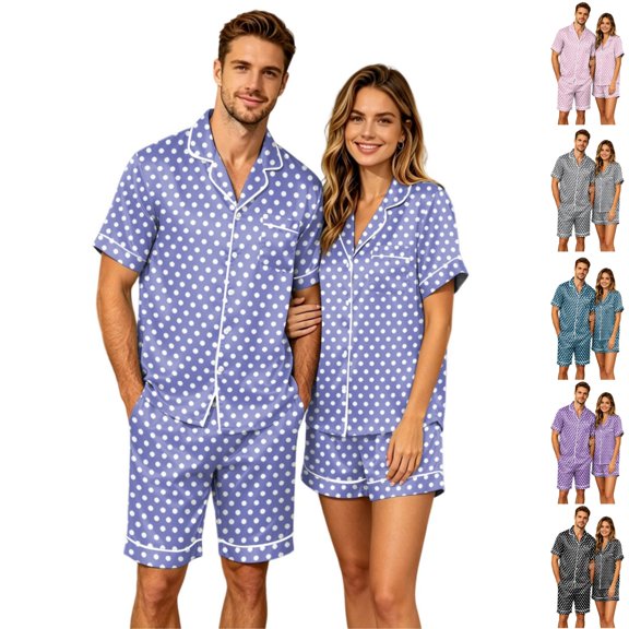 HAJWOH Men's Pajamas Short Sleeve Button-Down Polka Dot Print Loungewear Sleepwear Set